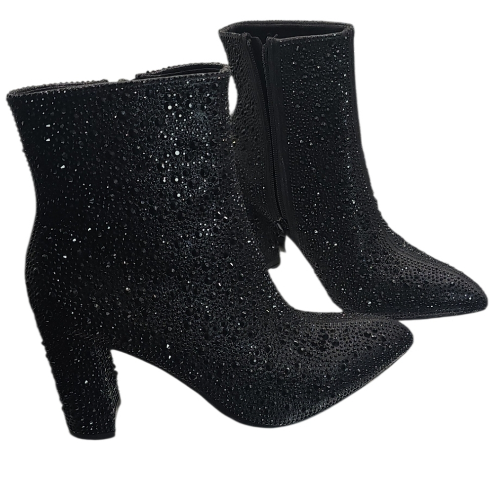 Top Moda Black Rhinestone Booties 6.5 NWT Concert Glam Block Heel